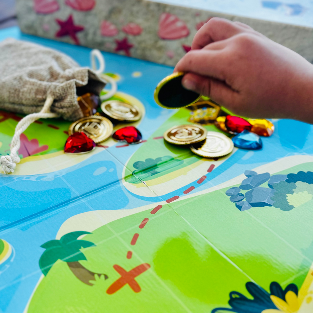 Child playing a treasure hunt game with Arabic letters and colorful tokens