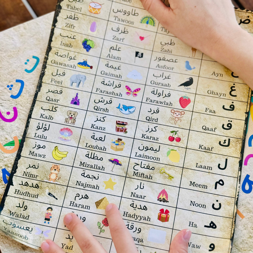 Child learning Arabic alphabet with colorful flashcards featuring words and pictures.